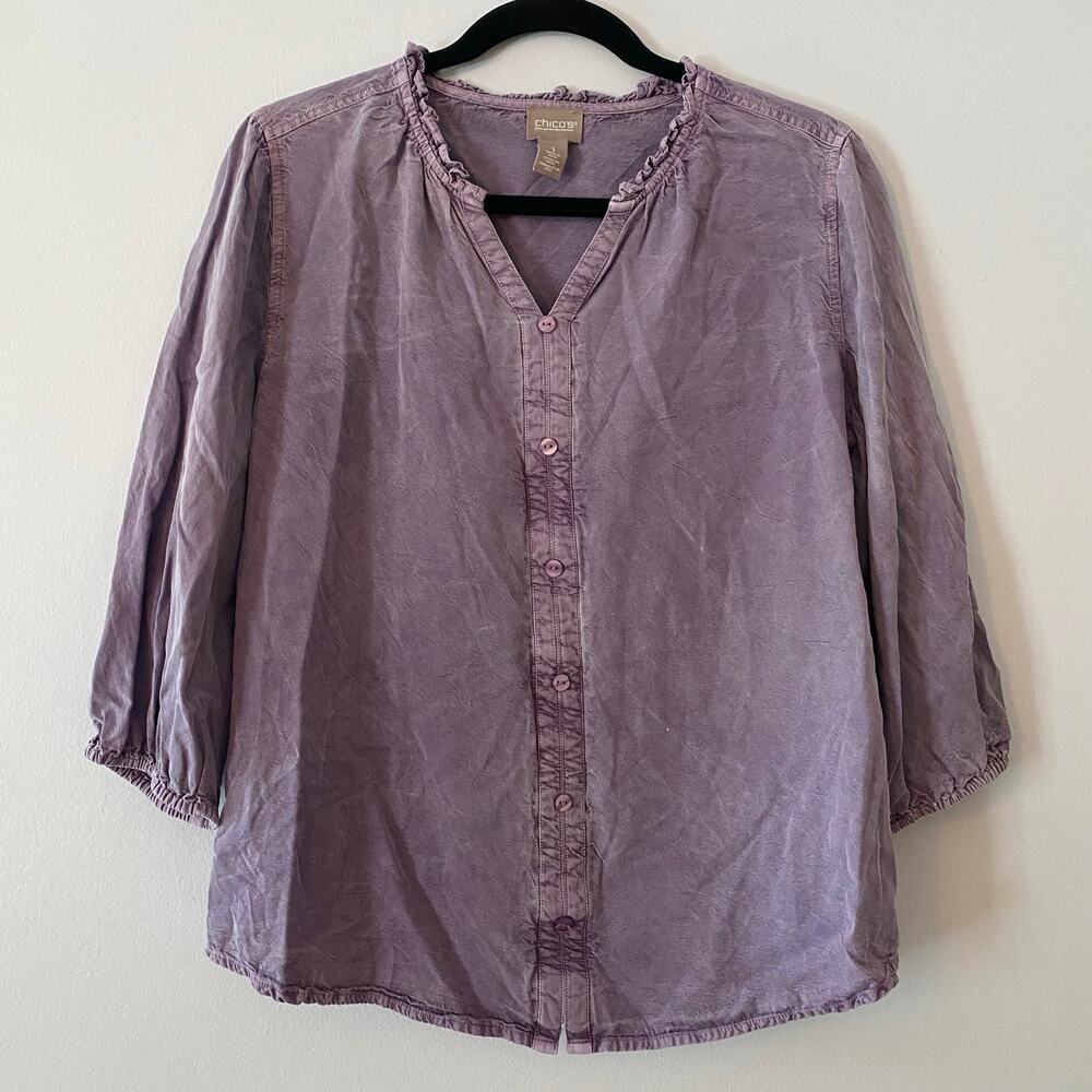 Chico's Purple 3/4 Sleeve Button Down Blouse Lyocell Lightweight size 1 / Medium
